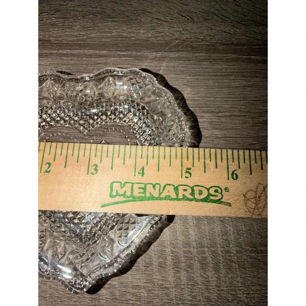 Vintage Clear Pressed Glass Heart Shaped Trinket Dish Diamond Pattern Scalloped